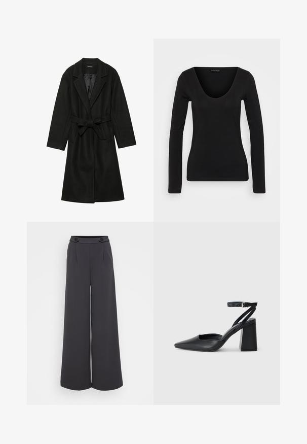 Even&Odd BELTED COAT - Klasszikus kabát - black; Fekete, hosszú ujjú felső, puha anyagból készült. V-alakú nyakkivágással és testhezálló siluettel rendelkezik, sima tapintású és minimális varrási részletekkel.; Széles lábú nadrág sötétszürke anyagból. Elöl redők és két díszgomb található a derékrészen. Simaság és testre szabott forma jellemzi.; Fekete bőr, hegyes orrú magassarkú cipő boka pánttal és vastag sarokkal. Sima textúra, elegáns dizájn és minimális esztétika.