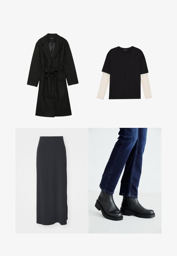 Even&Odd BELTED COAT - Klassinen takki - black; Mustapaita, joka on valmistettu puuvillasta ja jossa on lyhyet hihat valkoisen pitkähihasen kerroksen päällä, jossa on hienovarainen teksturoitu kuvio. Pyöreä kaula-aukko.; Weekday SIGNE DRAPY SKIRT - A-linjainen hame - black; Mustat nahka-avokkaat paksulla pohjalla ja sivussa elastiset paneelit, yhdistettynä tummansinihin farkkuihin. Maa on vaaleanvärinen.