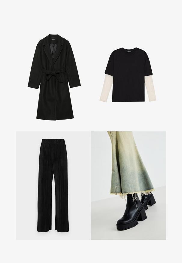 Even&Odd BELTED COAT - Classic coat - black; Black T-shirt made of cotton, featuring short sleeves over a white long-sleeve layer with a subtle textured pattern. Crew neckline design.; Black pleated trousers with an elastic waistband. Features wide legs and a smooth, textured fabric with vertical stripes.; Black leather ankle boots with a chunky textured sole, paired with a faded denim skirt featuring frayed edges. Zipper detail on the side.