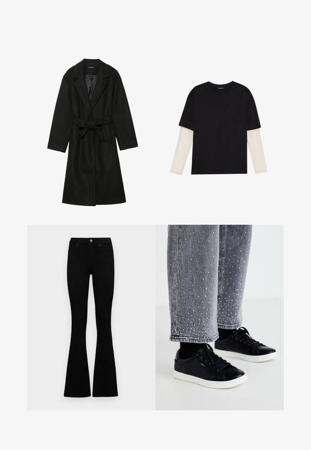 Even&Odd BELTED COAT - Palton clasic - black; Tricou negru din bumbac, cu mâneci scurte, peste un strat alb cu mâneci lungi, având un model texturat subtil. Design cu guler rotund.; Jeans negri cu talie înaltă, cu închidere prin nasture și fermoar, buzunare frontale și picioare evazate, așezați pe un fundal alb.; Adidași negri din piele cu talpi din cauciuc alb și accente texturate. Asortați cu blugi gri, detaliați cu puncte de argint embellisate.