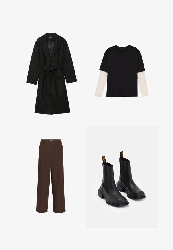 Even&Odd BELTED COAT - Classic coat - black; Black T-shirt made of cotton, featuring short sleeves over a white long-sleeve layer with a subtle textured pattern. Crew neckline design.; Object Trousers - java; Black ankle boots made of smooth leather with elastic side panels, a square toe, and a chunky heel. Features yellow branded pull tabs.