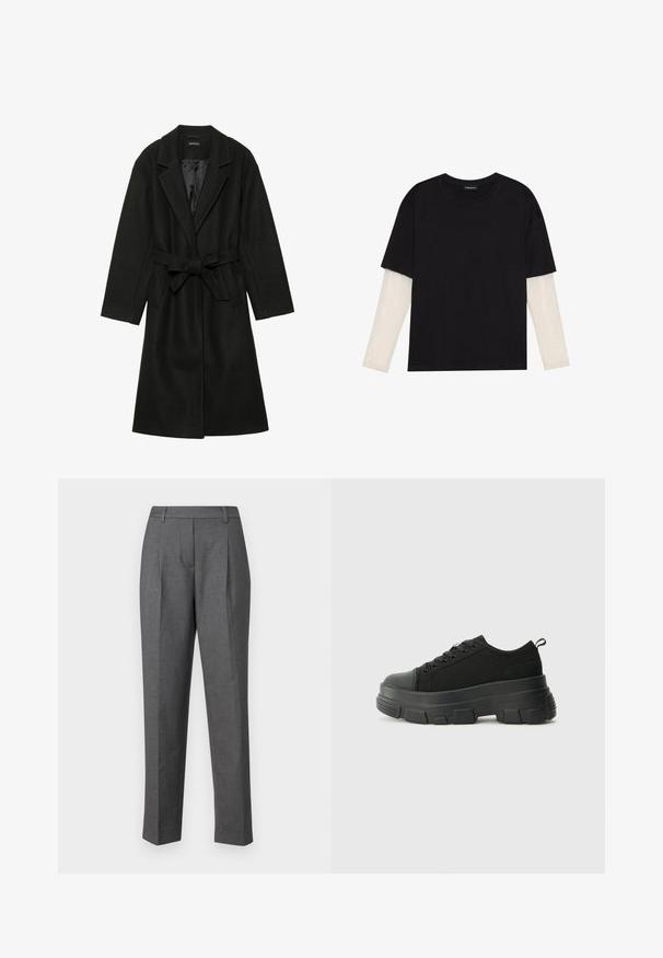 Even&Odd BELTED COAT - Cappotto classico - black; T-shirt nera in cotone con maniche corte sopra un sotto manica lunga bianca, caratterizzata da una sottile texture. Design con scollo rotondo.; Pantaloni grigi su misura caratterizzati da una texture liscia, design a gamba dritta e pieghe frontali. Realizzati in un tessuto leggero con un motivo sottile.; Sneaker nere con suola in gomma spessa, superiore in tessuto testurizzato, punta rotonda e design con lacci. Presenta occhielli rinforzati e linguetta sul retro.