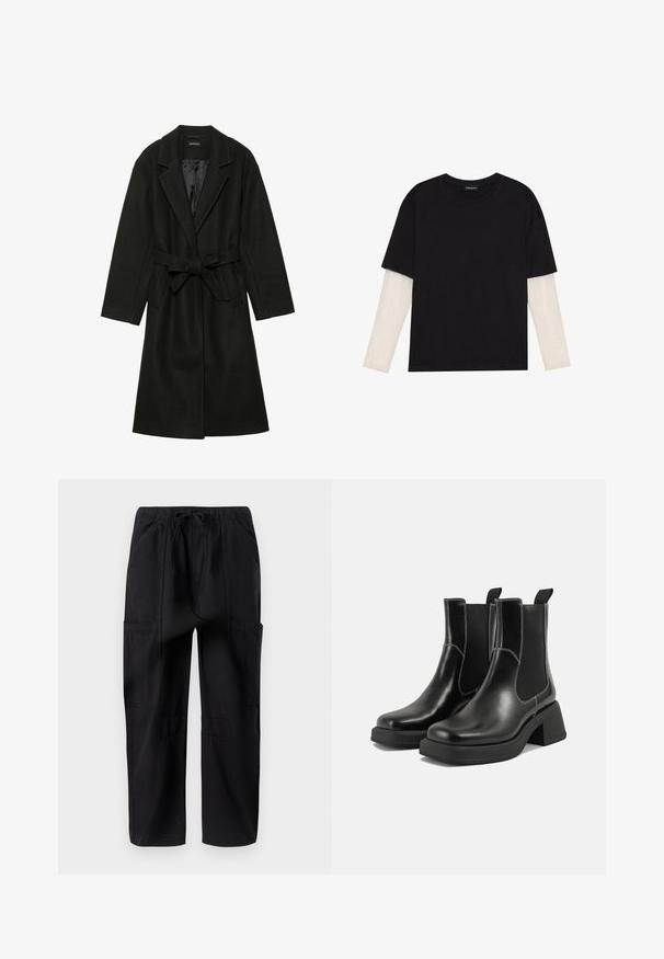 Even&Odd BELTED COAT - Klasičan kaput - black; Crni majica od pamuka, s kratkim rukavima preko bijele dugorukave slojevite s suptilnim teksturiranim uzorkom. Dizajn s okruglim izrezom.; Crne platnene cargo hlače s opuštenim krojem, koje imaju elastičnu struk i više bočnih džepova za dodatnu funkcionalnost.; Crne kožne Chelsea čizme s debelim potplatom, elastičnim bočnim panelima i kontrastnim bijelim šavovima. Teksturirana površina.