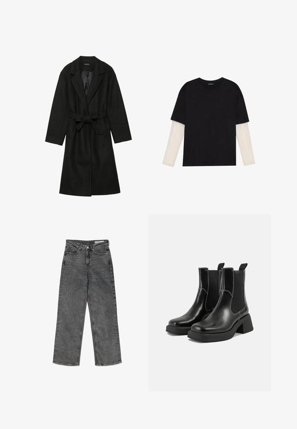 Even&Odd BELTED COAT - Klassisk kåpe / frakk - black; Svart T-skjorte laget av bomull, med korte ermer over et hvitt langermet lag med en subtil teksturert mønster. Rund hals design.; Høytlivde svarte, vaskede jeans med rette ben, frontlommer, beltestropper, knappelukking og en merket indvendig midjebåndlabel.; Sorte lær Chelsea støvler med en kraftig hæl, elastiske sidepaneler og kontrasterende hvid syning. Teksturert overflate.