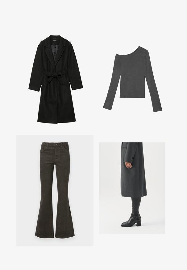 Even&Odd BELTED COAT - Classic coat - black; Gray, long-sleeved top with an off-shoulder design. Made of soft fabric with a smooth texture and a straight-cut hem.; Flared corduroy pants in dark olive green, featuring a button and zipper closure, five pockets, and subtle ribbed texture.; Gray, tailored overcoat with a straight cut; paired with knee-high black leather boots featuring a square toe and chunky heel.