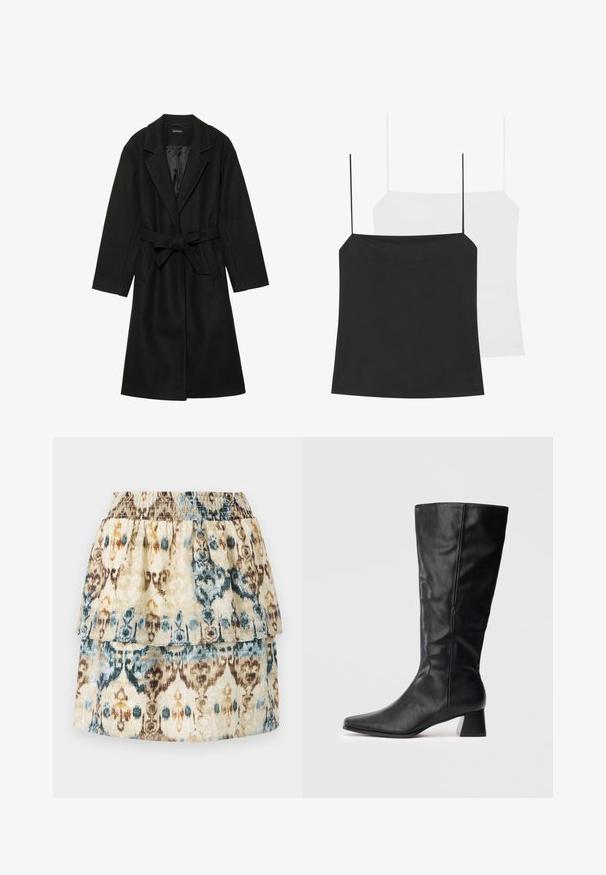 Even&Odd BELTED COAT - Klasikinis paltas - black; Pateikiamos dvi liemenėlės: viena juoda, kita balta. Abi turi plonas petnešas ir prigludusį dizainą, pagamintos iš lygaus, elastingo audinio.; Beige spalvota sijonas su ikat raštu mėlynos ir rudos spalvų atspalviais. Sijonas turi elastinę juosmenį ir banguotą apvadą, suteikiantį papildomą tekstūrą.; Juodas odinis vidutinio ilgio botas su smailiu kojų pirštu ir blokuotu kulnu ant vienspalvio šviesaus fono.