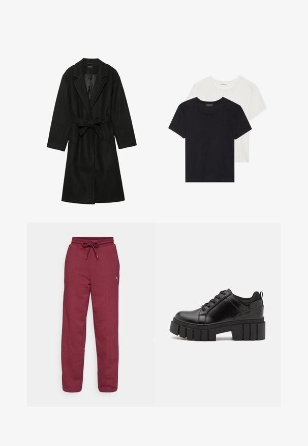 Even&Odd BELTED COAT - Klassischer Mantel - black; Zwei Kurzarm-T-Shirts in Schwarz und Weiß. Aus weicher Baumwolle gefertigt, mit einem runden Halsausschnitt und standardmäßiger Passform, die dezente Nähedetails aufweisen.; Bordeauxfarbene Jogginghose mit elastischem Bund, verstellbarem Kordelzug, Seitennaht und einem kleinen Logo-Detail am linken Oberschenkel. Aus weichem Baumwollmischgewebe.; Schwarze Lederplateauschuhe mit klobigem Blockabsatz, runder Zehenpartie und traditionellem Schnürdesign. Verfügt über eine glatte Textur und minimale Details.