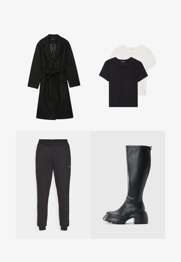 Even&Odd - Klasyczny płaszcz; Dwie koszulki z krótkim rękawem w kolorze czarnym i białym. Wykonane z miękkiej bawełny, z okrągłym dekoltem i standardowym krojem, z minimalnymi detalami przeszycia.; Czarne dresy z elastycznym paskiem w talii, zwężanymi nogawkami i małą metką z logo po boku. Wykonane z miękkiej, teksturowanej bawełny.; Wysokie czarne skórzane botki z masywną platformą i słupkowym obcasem, z uchwytem i teksturowanym bieżnikiem na podeszwie.