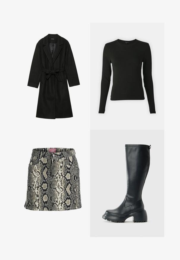 Even&Odd BELTED COAT - Klassisk kåpe / frakk - black; Langermet svart skjorte laget av glatt stoff, med rund halslinning og innsnevret passform, uten synlige mønstre eller aksenter.; En tettsittende skjørt i et beige og svart slangeskinnsmønster med knappeåpning, beltesløyfer og fire funksjonelle lommer.; Høy svart lærstøvel med chunky plattformsåle og blokkhelt, med trekkstang og teksturert mønster på yttersålen.