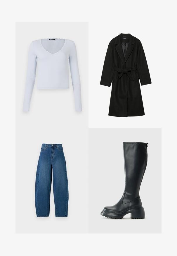 Even&Odd BELTED COAT - Classic coat - black; Light blue long-sleeve top with a ribbed texture, V-neckline, and scalloped lace trim around the neckline and sleeves.; Denim jeans in a medium blue wash, featuring a high waist, wide leg cut, and standard five-pocket design with visible stitching details.; Tall black leather boot with chunky platform sole and block heel, featuring pull tab and textured tread on outsole.