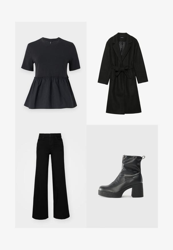 Even&Odd BELTED COAT - Klasszikus kabát - black; Fekete peplum felső, amelyek illeszkedő testhez és ráncolt derékhoz készült. Puha pamutból készült, sima textúrával és rövid ujjal.; Fekete, bő szárú farmernadrág, amelynek állítható derékrésze van, övhurkokkal és elülső zsebekkel. Simaság jellemzi, klasszikus dizájnnal.; Fekete bokacsizmák sima bőrből, oldalsó cipzárral, vastag, texturált sarkú és lekerekített orrú dizájnnal.