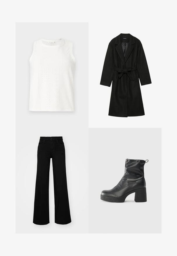 Even&Odd BELTED COAT - Classic coat - black; White sleeveless top featuring eyelet patterns, round neckline, and a straight cut. Made of lightweight fabric with a smooth texture.; Black wide-leg pants made of denim, featuring a structured waistband, belt loops, and front pockets. Smooth texture with a classic design.; Black ankle boots made of smooth leather, featuring a side zipper, chunky textured heel, and rounded toe design.