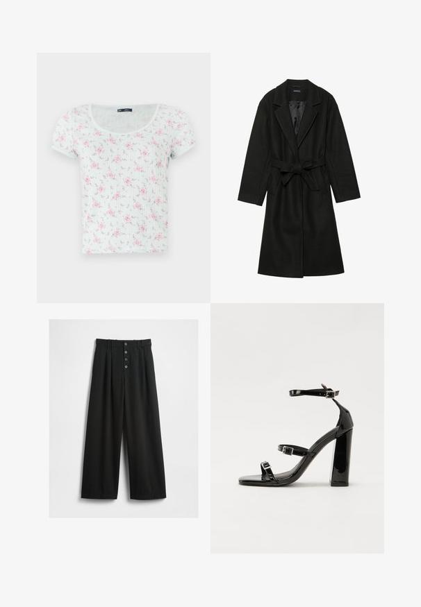 Even&Odd BELTED COAT - Classic coat - black; Short-sleeve, light mint top with a rounded neckline, featuring a floral pattern in pink and purple, made of soft, textured fabric.; Wide-leg black trousers made of a textured fabric. Features a high waist, five-button front closure, and pressed pleats for added detail.; Black patent heeled sandals with a square toe, ankle straps, and silver buckles. Features a chunky block heel for stability.