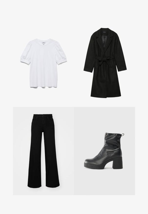 Even&Odd BELTED COAT - Palton clasic - black; Cămașă albă cu mâneci scurte, guler rotund și mâneci bufante. Fabricată dintr-un material neted, având un etichetă cu inscripția "AWARE".; Pantaloni negri cu picioare largi, din denim, cu un brau structurat, bucle pentru curea și buzunare frontale. Textură netedă, cu un design clasic.; Bocanci negri de glezna din piele netedă, cu fermoar lateral, toc texturat și masiv, și design cu vârf rotund.