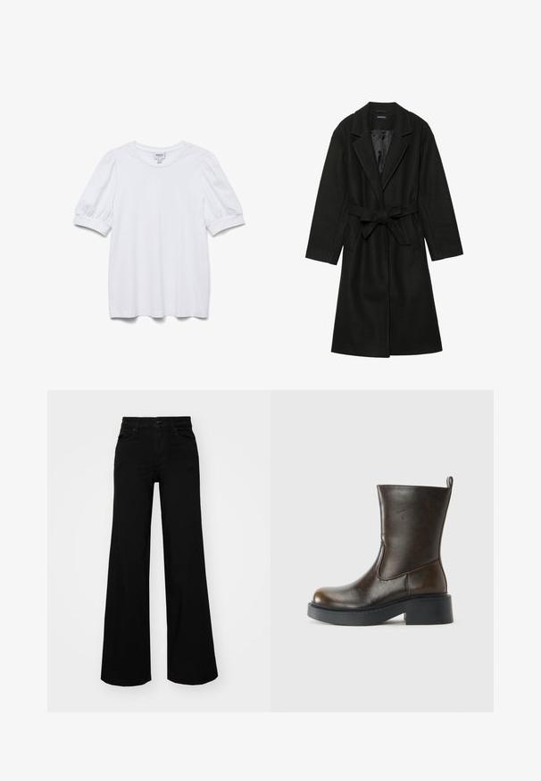 Even&Odd BELTED COAT - Klasikinis paltas - black; Balta trumpa rankovėmis palaidinė su apvaliu kaklu ir pūstomis rankovėmis. Pagaminta iš švelnaus audinio, su etiketėmis, pažymėtą "AWARE".; Juodos plačios kelnės iš denimo, turinčios struktūruotą juosmenį, diržo kilpas ir priekines kišenes. Lygus paviršius su klasikinio dizaino elementais.; Tamsiai ruda odinė per čiurną boot'ų su apvaliu pirštu, storesne juoda podega, žemu blokiniu kulnu ir traukimo kilpa gale.