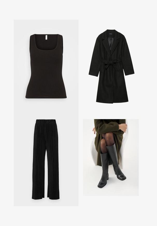 Even&Odd BELTED COAT - Casaco clássico - black; Samsøe Samsøe AMANZA TANK - Top - black; Calças pregueadas pretas com uma cintura elástica. Apresentam pernas largas e um tecido liso, texturizado com riscas verticais.; Botas de couro pretas até ao joelho com biqueira quadrada e salto em bloco, apresentadas com um modelo sentado num casaco verde-azeitona. Textura lisa, com detalhes mínimos.