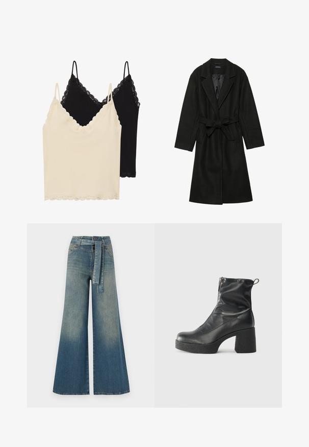 Even&Odd BELTED COAT - Klasičan kaput - black; Dva topa: jedan krem i jedan crni. Obe imaju čipkaste detalje oko dekoltea i donjeg ruba, sa podešavajućim trakama.; Široke traperice s gradijentom od svijetloplave do tamnoplave, visokog struka, petljama za remen i remenom od istog materijala. Teksturirana traper tkanina.; Crne gležnjače od glatke kože, s bočnim zatvaračem, debelim teksturiranim potplatom i dizajnom s zaobljenim prstima.