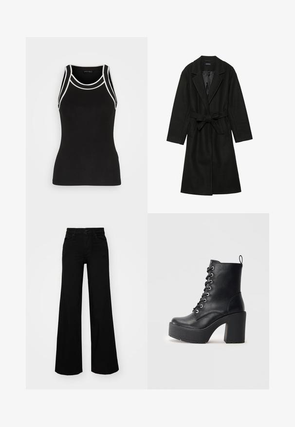 Even&Odd BELTED COAT - Cappotto classico - black; Top a maniche corte nero a coste con rifiniture bianche. Presenta un collo rotondo e un design a racerback. Realizzato in un tessuto elasticizzato per il massimo comfort.; Pantaloni neri a gamba larga in denim, con una vita strutturata, passanti per la cintura e tasche frontali. Texture liscia con un design classico.; Stivale alla caviglia in pelle nera con tacco alto e massiccio, parte anteriore con lacci e superficie texturizzata. Presenta un'etichetta sul retro per una facile calzata.