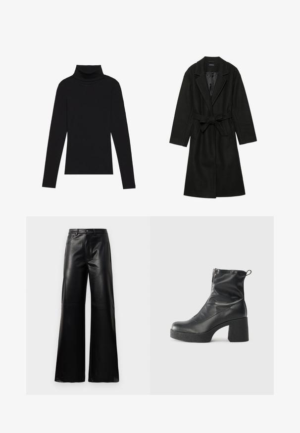 Even&Odd BELTED COAT - Klasični plašč - black; Črna majica s puloverjem in dolgimi rokavi, izdelana iz rebraste tkanine, ima prilegan kroj s visokim ovratnikom in brez vzorcev ali okrasnih elementov.; Črne široke hlače iz umetnega usnja z visokim pasom, sprednjim gumbom, zadrgo, zanke za pas in stranskimi žepi na beli podlagi.; Črne gležnjarje iz gladke kože z božnim zadrgo, masivnim teksturiranim peto in zaobljeno obliko prstov.