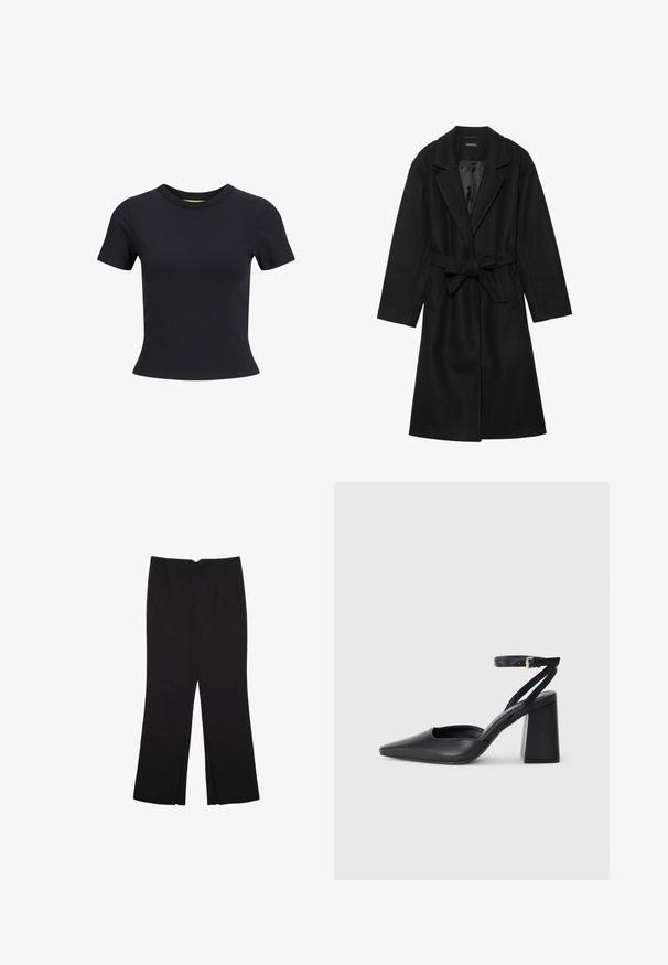 Even&Odd BELTED COAT - Klasický kabát - black; Černé tričko s krátkým rukávem vyrobené z hladké bavlny, s kulatým výstřihem a přiléhavým střihem. Jednoduchý design v jednobarevném provedení.; Černé kalhoty s rovným střihem, s předními kapsami a bočními rozparky na lemu. Vyrobené z jemné, hladké tkaniny. Vhodné na různé příležitosti.; Černé kožené lodičky se špičatou špičkou, kotníkovým páskem a silným podpatkem. Hladká textura, elegantní design a minimalistická estetika.