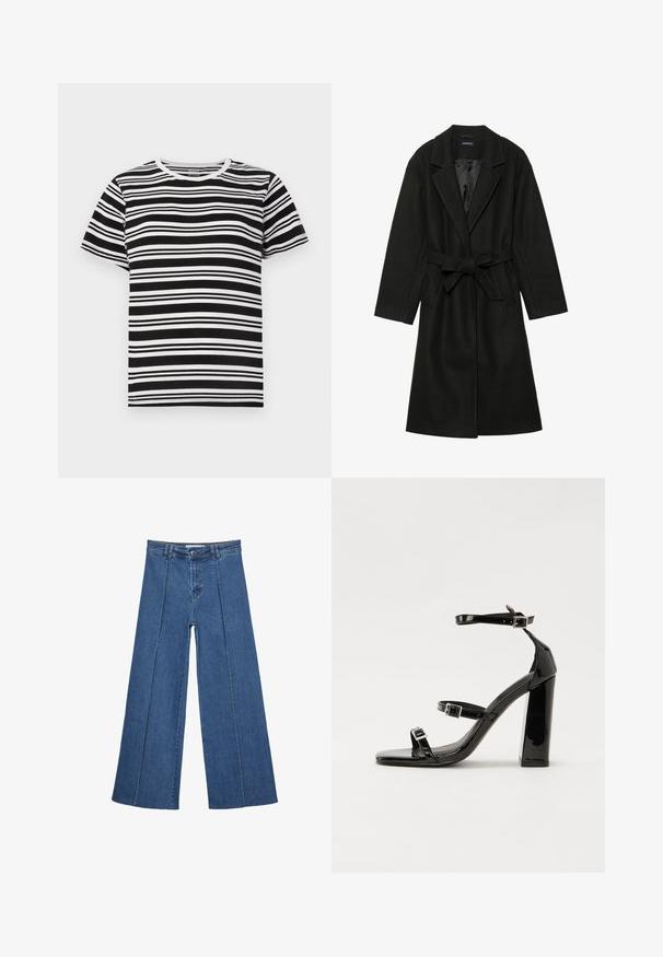 Even&Odd - Klasyczny płaszcz; Czarny i biały krótki rękaw t-shirt z poziomymi paskami o różnej szerokości oraz klasycznym okrągłym dekoltem. Miękka bawełniana tkanina.; Jeans typu wide-leg w średnim niebieskim kolorze, z wysokim stanem, zapięciem na guziki oraz kontrastowymi szwami pionowymi z przodu.; Czarne lakierowane sandały na obcasie z kwadratowym noskiem, z paskami wokół kostki i srebrnymi klamrami. Posiadają masywny słupek dla stabilności.