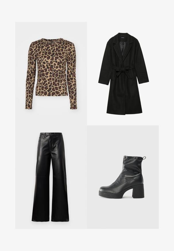 Even&Odd BELTED COAT - Klasisks mētelis - black; Garinā jäka ar garām piedurknēm bēšā krāsā ar leoparda rakstu, kurā ir brūni un melni plankumi. Apaļa kakla izgriezums un pieguļošs dizains. Mīksta auduma tekstūra.; Melnas augstās jostas platajās kājās sintētiskās ādas bikses ar priekšējo pogu, rāvējslēdzēju, jostas cilpām un sānu kabatām uz baltā fona.; Melni potītes zābaki, kas izgatavoti no gludas ādas, ar sānu rāvējslēdzēju, masīvu strukturētu papēdi un noapaļotu purngalu.