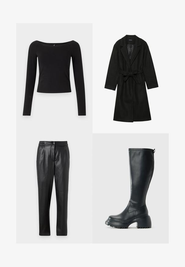 Even&Odd BELTED COAT - Classic coat - black; Black long-sleeve top with a boat neckline, fitted design, and soft cotton material, featuring no visible patterns or hardware.; Black leather pants with a smooth texture, straight fit, elastic waistband, and a front button closure; pleated detailing and tapered legs.; Tall black leather boot with chunky platform sole and block heel, featuring pull tab and textured tread on outsole.
