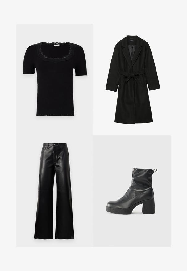 Even&Odd BELTED COAT - Casaco clássico - black; T-shirt preto de manga curta com decote de renda em bico e textura canelada; forma ajustada; a bainha apresenta uma borda ondulada discreta.; Calças largas de imitação de couro pretas, de cintura alta, com botão frontal, fecho de correr, passadores de cinto e bolsos laterais sobre fundo branco.; Botas de tornozelo pretas feitas de couro liso, com fecho lateral, salto grosso texturizado e design de bico arredondado.