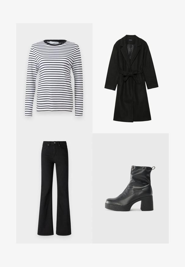 Even&Odd BELTED COAT - Klasični plašč - black; Majica z dolgimi rokavi s črno-belimi vodoravnimi črtami, zaobljenim ovratnikom, izdelana iz mehkega blaga, z minimalističnim oblikovanjem brez vzorcev.; Črne flare jeans hlače iz denima z visokim pasom, ki imajo pet žepov, sprednji gumb in zadrgo, gladka tekstura.; Črne gležnjarje iz gladke kože z božnim zadrgo, masivnim teksturiranim peto in zaobljeno obliko prstov.