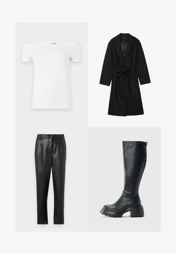 Even&Odd BELTED COAT - Casaco clássico - black; T-shirt branca off-the-shoulder com mangas curtas, feita de material de algodão suave, com um design ajustado e uma bainha inferior reta.; Calças de couro pretas com uma textura suave, corte reto, cintura elástica e fecho com botão na frente; detalhe plissado e pernas afuniladas.; Bota preta de couro alta com sola de plataforma robusta e salto bloco, apresentando puxador e padrão texturizado na sola.