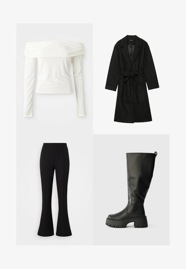 Even&Odd BELTED COAT - Klassikaline mantel - black; Kreemi valge õlgadelt avatud pika varrukaga top, valmistatud siledast kangast, kitsas siluett ja kogutud detail kaeluses.; Mustad flared püksid, mis on valmistatud venivast kangast, sujuva tekstuuriga, kõrge vöökohaga ja esitõmmete detailidega.; Knee-high mustad mustad saapad, millel on jäme tallapind, sile tekstuur ja tagaküljel tõmblukk mugavaks selga panemiseks. Ümar nood.