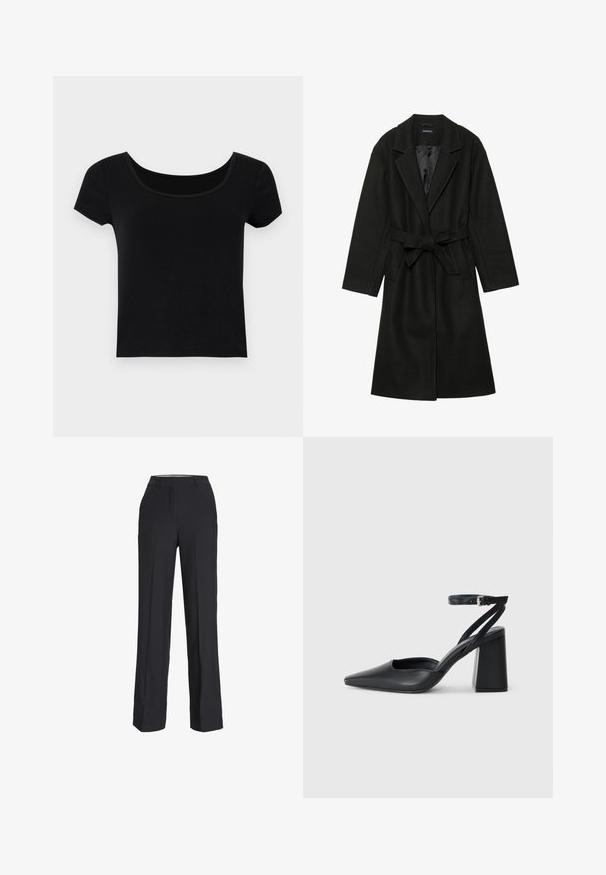 Even&Odd BELTED COAT - Cappotto classico - black; T-shirt nera a maniche corte con scollatura ampia, realizzata in un tessuto morbido e elasticizzato, con una vestibilità aderente e senza ulteriori fantasie.; Pantaloni neri a vita alta con una vestibilità dritta. Realizzati in un tessuto liscio, presentano pieghe frontali e tasche laterali.; Pump in pelle nera con punta affusolata, cinturino alla caviglia e tacco spesso. Texture piatta, design elegante ed estetica minimalista.