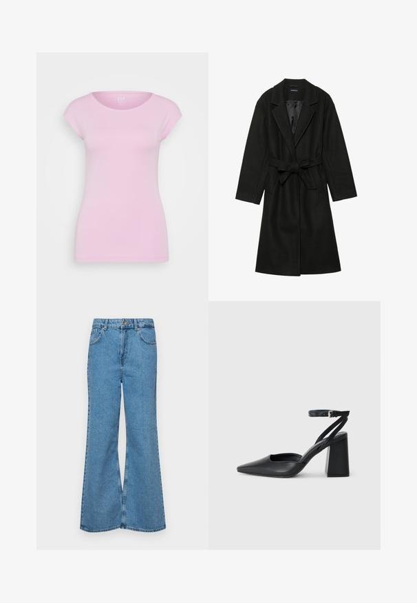 Even&Odd BELTED COAT - Klasikinis paltas - black; GAP BATEAU - Paprasti marškinėliai - sugar pink; Šviesiai mėlynos flared džinsai, pagaminti iš džinsinio audinio, su aukštu liemeniu, penkiomis kišenėmis ir vienu mygtuko užsegimu. Minkštas paviršius su išblukusiu efektu.; Juoda odinė smailiagalė aukštakulnio bateliai su kulkšnies dirželiu ir storu kulnu. Lygus paviršius, elegantiškas dizainas ir minimalistiška estetinė.