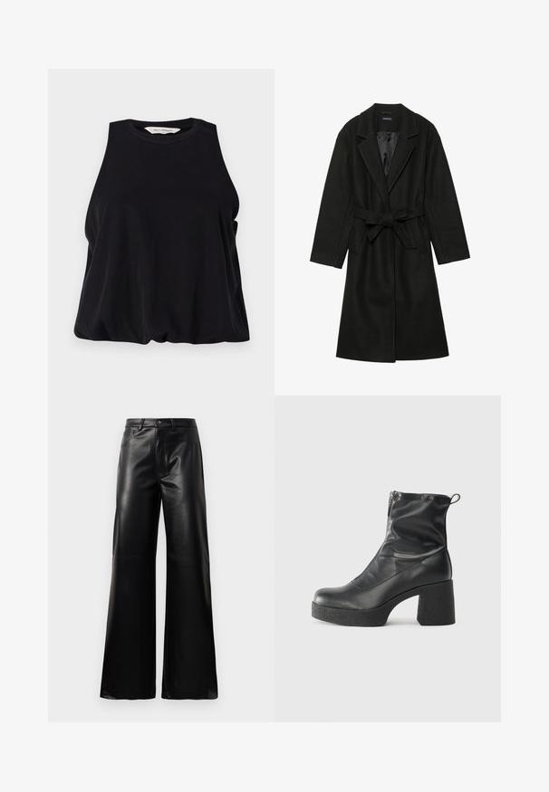 Even&Odd BELTED COAT - Klasický kabát - black; Černý bezrukávový top vyrobený z měkké tkaniny, má kulatý výstřih a volný střih, který se jemně splétá na spodním okraji. Bez viditelných vzorů nebo akcentů.; Černé kalhoty s vysokým pasem a širokými nohavicemi z umělé kůže, s předním knoflíkem, zipovým zapínáním, poutky na pás a bočními kapsami na bílém pozadí.; Černé kotníkové boty vyrobené z hladké kůže, s bočním zipem, robustním strukturovaným podpatkem a kulatou špičkou.