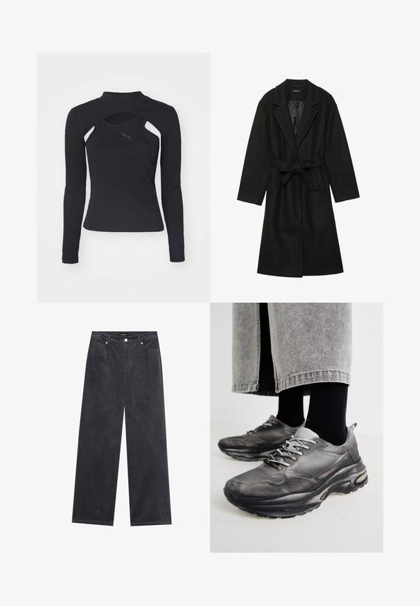 Even&Odd BELTED COAT - Klassisk kåpe / frakk - black; Svart langermet skjorte med høy hals, med utskjæringer og en teksturert, ribbet overflate. Logo på brystet i mørkegrå.; Bredde ben bukser i mørkegrå kordfløyel med knappelukking, fire lommer og en myk tekstur.; Sorte og grå treningssko har en mesh-overdel, tykke såler og snøring. De har en rund tå og synlige dempe detaljer.