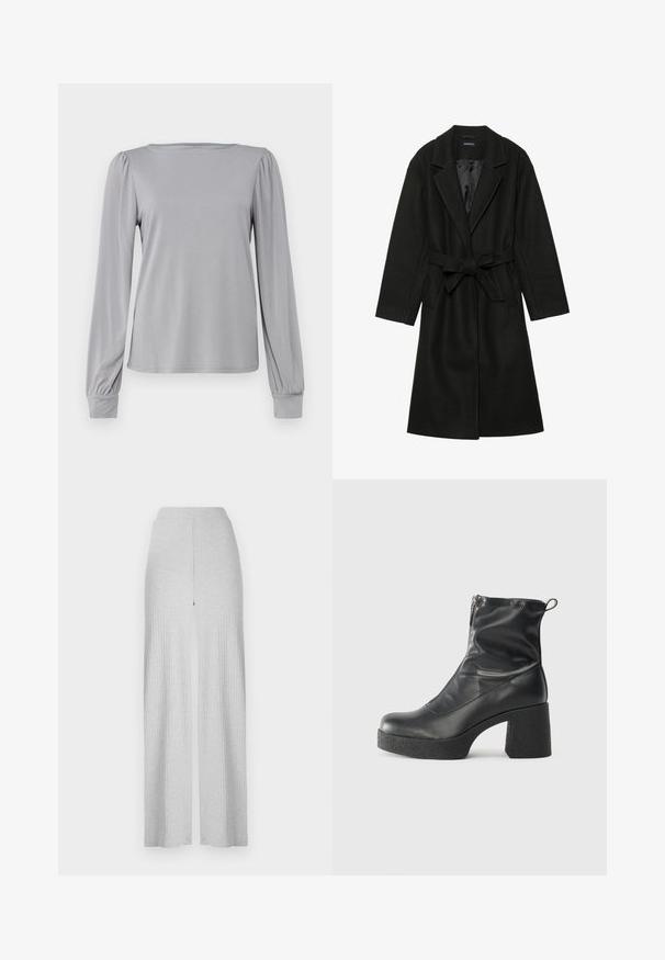 Even&Odd BELTED COAT - Klasický kabát - black; ONLY ONLFREE LIFE BOATNECK - Top s dlouhým rukávem - ultimate grey; Světlé šedé široké kalhoty s jemnými proužky a vysokým pasem, s předním rozparkem. Vyrobené z měkké látky s hladkou strukturou.; Černé kotníkové boty vyrobené z hladké kůže, s bočním zipem, robustním strukturovaným podpatkem a kulatou špičkou.