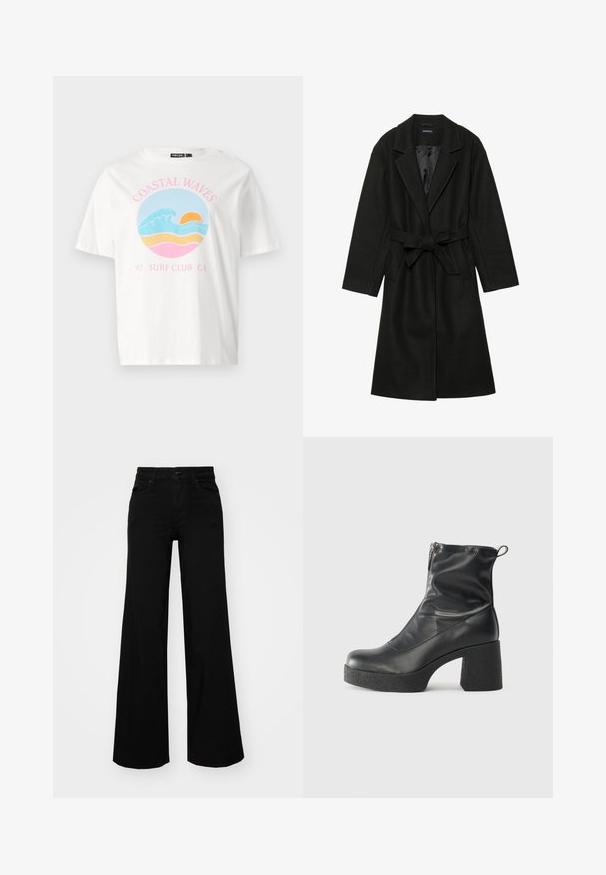 Even&Odd BELTED COAT - Classic coat - black; White short-sleeve t-shirt featuring a graphic design with waves, a sunset, and text “COASTAL WAVES 97 SURF CLUB CA” in pink and blue.; Black wide-leg pants made of denim, featuring a structured waistband, belt loops, and front pockets. Smooth texture with a classic design.; Black ankle boots made of smooth leather, featuring a side zipper, chunky textured heel, and rounded toe design.