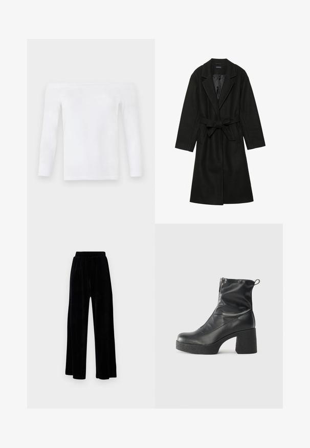 Even&Odd BELTED COAT - Klasikinis paltas - black; Balta, be petnešų, ilga rankovė viršutinė dalis, pagaminta iš minkštos medžiagos, pasižyminti prigludusia forma, sklandžia tekstūra ir minimaliu siūlių kiekiu.; Juoda plataus kirpimo kelnių pora, pagaminta iš minkštos velveto medžiagos, su elastingu juosmeniu ir glotnia tekstūra, be matomų detalių ar raštų.; Juodos kulkšninių botai, pagaminti iš lygaus odos, su šoniniu užtrauktuku, masyviu tekstūruotu kulnu ir apvaliu pirštu.
