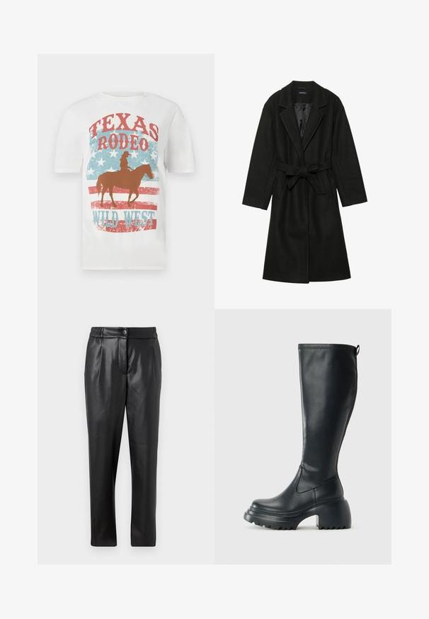 Even&Odd BELTED COAT - Casaco clássico - black; Camiseta branca de algodão com um cowboy a cavalo, apresentando uma graphic em vermelho e azul "Texas Rodeo Wild West", textura envelhecida e fundo de estrelas.; Calças de couro pretas com uma textura suave, corte reto, cintura elástica e fecho com botão na frente; detalhe plissado e pernas afuniladas.; Bota preta de couro alta com sola de plataforma robusta e salto bloco, apresentando puxador e padrão texturizado na sola.