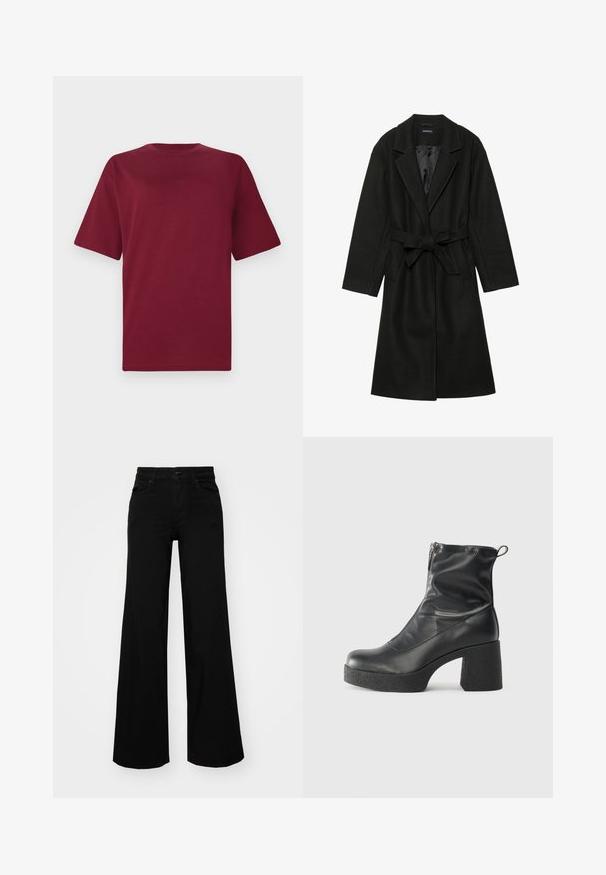 Even&Odd BELTED COAT - Casaco clássico - black; T-shirt de algodão vermelho com mangas curtas e decote redondo. Apresenta um pequeno logo verde no peito, com um corte descontraído e textura suave.; Calças largas pretas em denim, com uma cintura estruturada, passantes para cinto e bolsos frontais. Textura suave com um design clássico.; Botas de tornozelo pretas feitas de couro liso, com fecho lateral, salto grosso texturizado e design de bico arredondado.