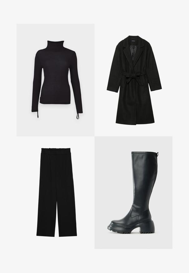 Even&Odd BELTED COAT - Klassischer Mantel - black; Schwarzes langärmliges Turtleneck-Shirt, Slim-Fit, gerippte Textur, mit verstellbaren Kordelzügen am Saum für eine anpassbare Länge.; Schwarze weit geschnittene Hose mit einem gerüschten Bund, ausgestattet mit zwei Seitentaschen und einem glatten, leichten Stoff. Keine sichtbaren Muster oder Beschläge.; Hoher schwarzer Lederstiefel mit einer robusten Plateausohle und Blockabsatz, der über eine Zuglasche und ein strukturiertes Profil an der Außensohle verfügt.