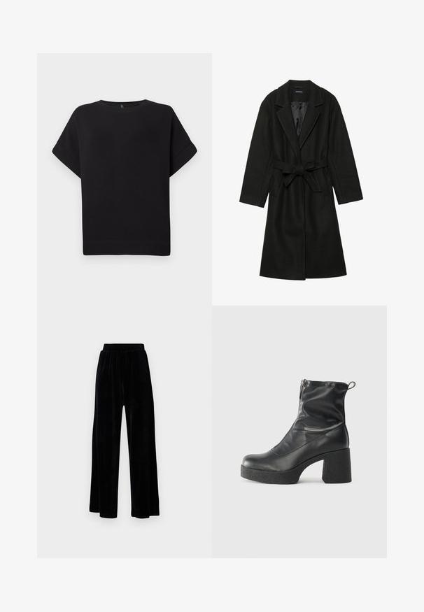 Even&Odd BELTED COAT - Klasszikus kabát - black; Fekete, rövid ujjú póló, puha anyagból készült, kerek nyakkivágással és laza szabással, varrott szegéllyel és látható minták nélkül.; Fekete, széles szárú nadrág puha velúrból, rugalmas derékkal és sima textúrával, látható díszítés vagy mintázat nélkül.; Fekete bokacsizmák sima bőrből, oldalsó cipzárral, vastag, texturált sarkú és lekerekített orrú dizájnnal.