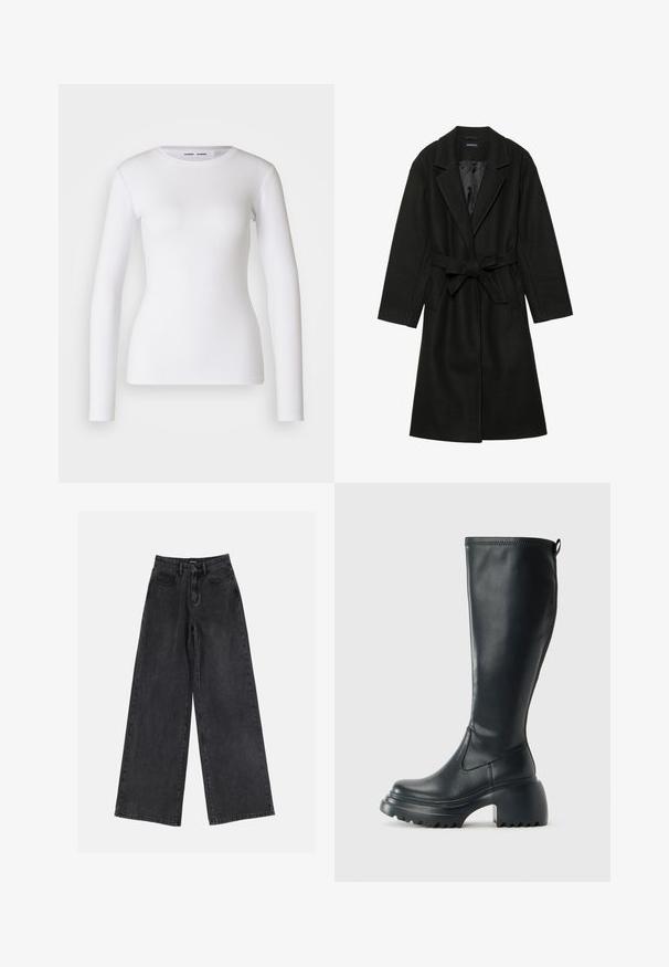 Even&Odd BELTED COAT - Klasični plašč - black; Bela srajca z dolgimi rokavi, izdelana iz rebraste tkanine, z okroglim izrezom in oprijetim krojem. Brez vzorcev ali okrasnih elementov.; Črne široke denim hlače z visokim pasom, klasičen pet-pocket dizajn in subtilno zbledelo videz. Trpežen material z gladko teksturo.; Visoka črna usnjena škornja s debelim podplatnim solejem in blok peto, opremljena s potegom in strukturiranim profilom na podplatu.