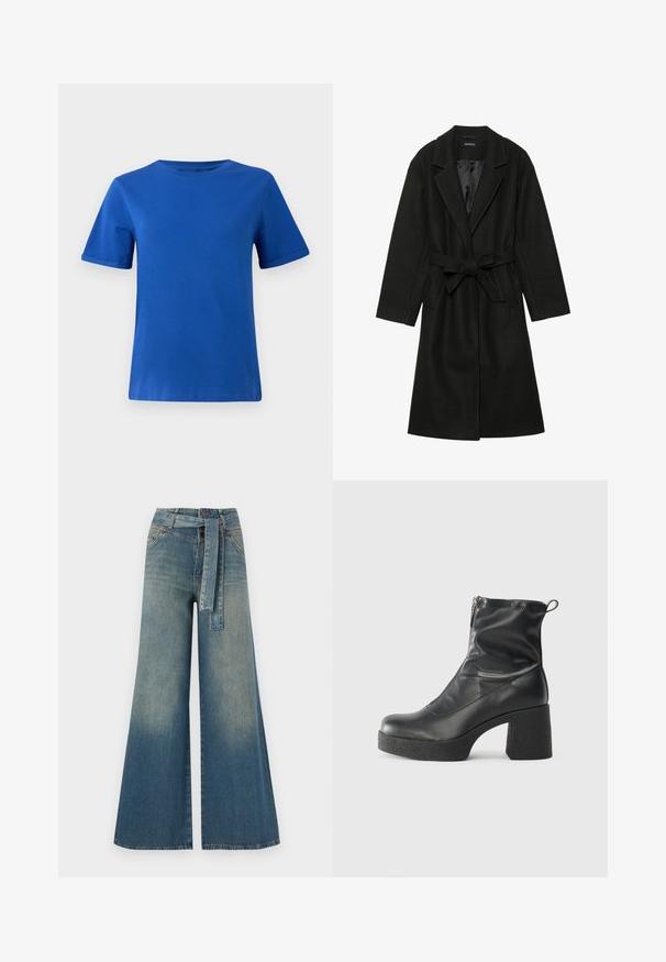 Even&Odd BELTED COAT - Klasikinis paltas - black; Mėlynas medvilninis marškinėlis su trumpomis sukniotomis rankovėmis, apvalia iškirpte ir lygiu paviršiumi. Paprastas dizainas, be raštų ar akcentų.; Platus džinsinis kelnes su šviesiai tamsiai mėlynu gradientu, aukštu juosmeniu, diržo kilpomis ir atitinkančiu audinio diržu. Textūruotas džinsinis paviršius.; Juodos kulkšninių botai, pagaminti iš lygaus odos, su šoniniu užtrauktuku, masyviu tekstūruotu kulnu ir apvaliu pirštu.