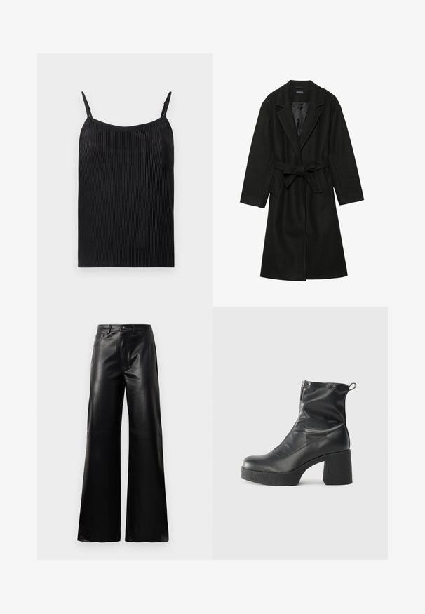 Even&Odd BELTED COAT - Klasický kabát - black; Čierny top s vertikálnym ryhovaním, tenkými nastaviteľnými ramienkami a voľným strihom. Tkanina má po celom povrchu jemný lesk.; Čierne vysokopriestené široké nohavice z umelého kože s predným gombíkom, zipsom, pútkami na opasok a bočnými vreckami na bielom pozadí.; Čierne členkové topánky z hladkej kože, so bočným zipsom, robustnou textúrovanou pätnou časťou a zaobleným dizajnom špičky.