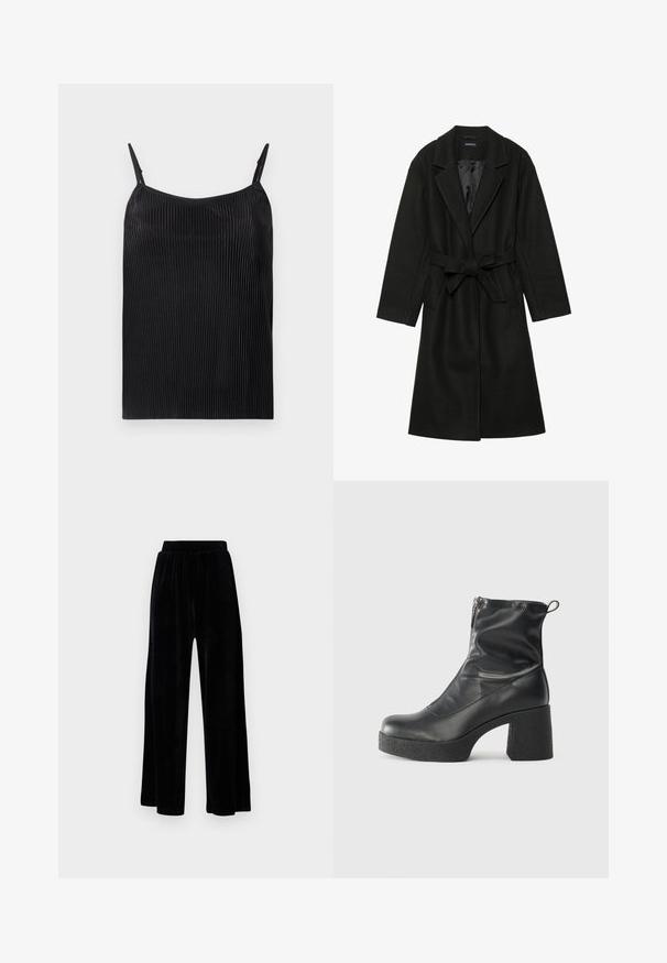 Even&Odd BELTED COAT - Palton clasic - black; Camisole negru cu textură verticală în reliant, cu bretele subțiri ajustabile și o croială lejeră. Țesătura are un ușor luciu pe întreaga suprafață.; Pantaloni negri cu picioare largi, din catifea moale, prevăzuți cu un corset elastic și o textură fină, fără detalii sau modele vizibile.; Bocanci negri de glezna din piele netedă, cu fermoar lateral, toc texturat și masiv, și design cu vârf rotund.