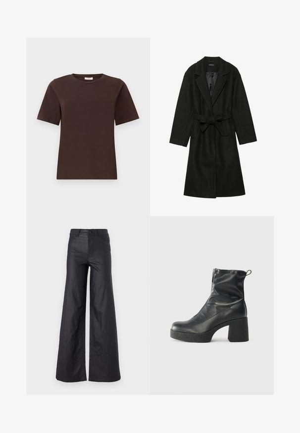 Even&Odd BELTED COAT - Klasični plašč - black; Rjavo bombažno majico s klasičnim okroglim ovratnikom, kratkimi rokavi in ravnim robom. Mehka tekstura, brez vzorcev ali okrasnih elementov.; Črne, širokoglede hlače iz umetnega usnja. Imajo visok pas, zanke za pas, dva sprednja žepa in šivano detajliranje.; Črne gležnjarje iz gladke kože z božnim zadrgo, masivnim teksturiranim peto in zaobljeno obliko prstov.