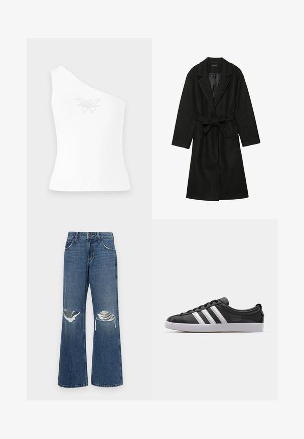 Even&Odd BELTED COAT - Classic coat - black; One-shoulder white top made of smooth fabric, featuring a butterfly design accented with small rhinestones on the front.; Denim wide-leg jeans in medium blue, featuring distressed knee rips, raw hem edges, and a classic five-pocket design with metal button closure.; Black leather sneaker with white three-stripe design, rounded toe, flat white rubber sole, and branded detail on the side.