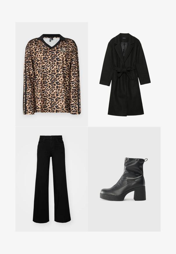 Even&Odd BELTED COAT - Klassikaline mantel - black; Beige ja musta leopardimustriga pikad varrukad särk, V-kaelusega ja mustade aktsentidega varrukate ääres. Valmistatud siledast sünteetilisest kangast.; Mustad mustad püksid, mis on valmistatud denimist, struktuurse vöökohtade, vöökootidega ja esikottidega. Sile tekstuur klassikalise disainiga.; Mustad mustad ansapüksid, mis on valmistatud siledast nahast, külje zipperiga, paksu tekstuuriga kontsaga ja ümmarguse nina disainiga.