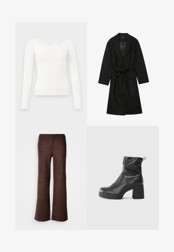 Even&Odd BELTED COAT - Klasisks mētelis - black; Balta garām piedurknēm ribota blūze ar kvadrātu izgriezumu, izgatavota no mīksta auduma. Tam ir pieguļošs dizains un bezšuvju apmalītes, lai nodrošinātu tīru izskatu.; Brūnas platās bikses no mīksta, zamšveida auduma. Tās ir aprīkotas ar četrām kabatām, pogām un gludu, teksturētu virsmu.; Melni potītes zābaki, kas izgatavoti no gludas ādas, ar sānu rāvējslēdzēju, masīvu strukturētu papēdi un noapaļotu purngalu.